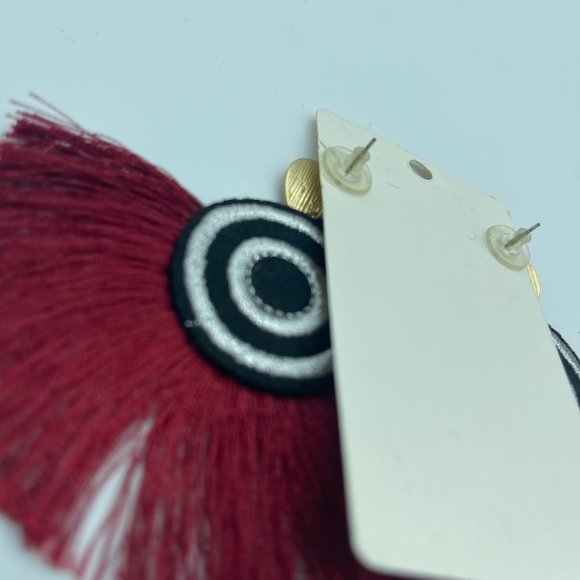 Tassel Earrings Red Black Embroidered Circles - Picture 5 of 6